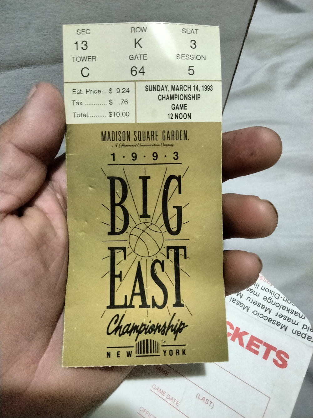 Big East Championship 1993 Gold Ticket Collectible